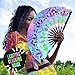 GloFX UV Glow Mandala Rave Handheld Fan - Teal, Pink, Purple & Green Design - Large Folding Fan for Festival Fashion, Essential Rave Accessories for Women, Foldable Hand Fan for Music Festival Outfits