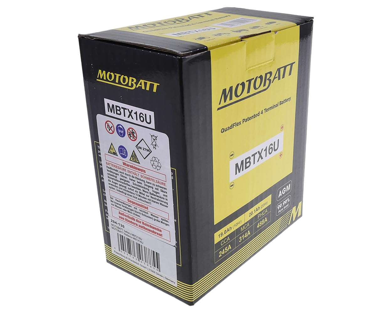 MOTOBATT AGM Batterie 12V 19Ah MBTX16U kompatibel mit Suzuki VL 1500 LC | 4-polig, wartungsfrei & versiegelt; Vergleichstypen YTX16BS, YTX16BS1; kompatibel mit PIAGGIO MP3 400ie Touring RL ZAPM591