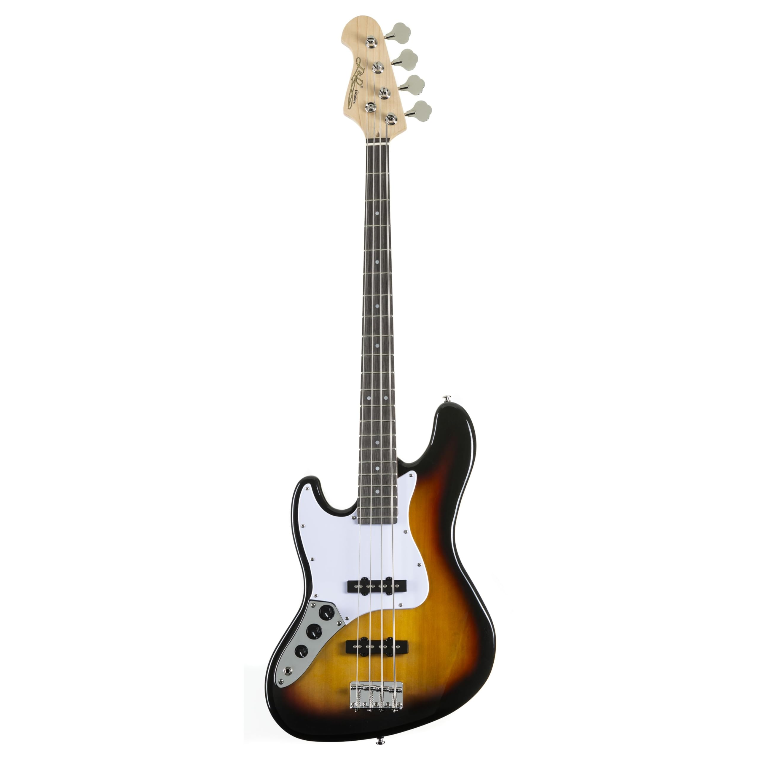 J & D JB E-Bass für Linkshänder, Bass mit Lindenkorpus und geschraubten Ahonhals in sunburst, Bassgitarre mit 2 Single Coils und Vintage-Style Bridge