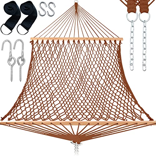 Gafete 52" Width Double Hammocks Traditional Hand Woven Cotton Rope With Tree Straps & Hooks Double Solid Wood Spreader Bar For 2 Person Outside Outdoor Indoor, Max 450Lbs (Coffee) #TOP29
