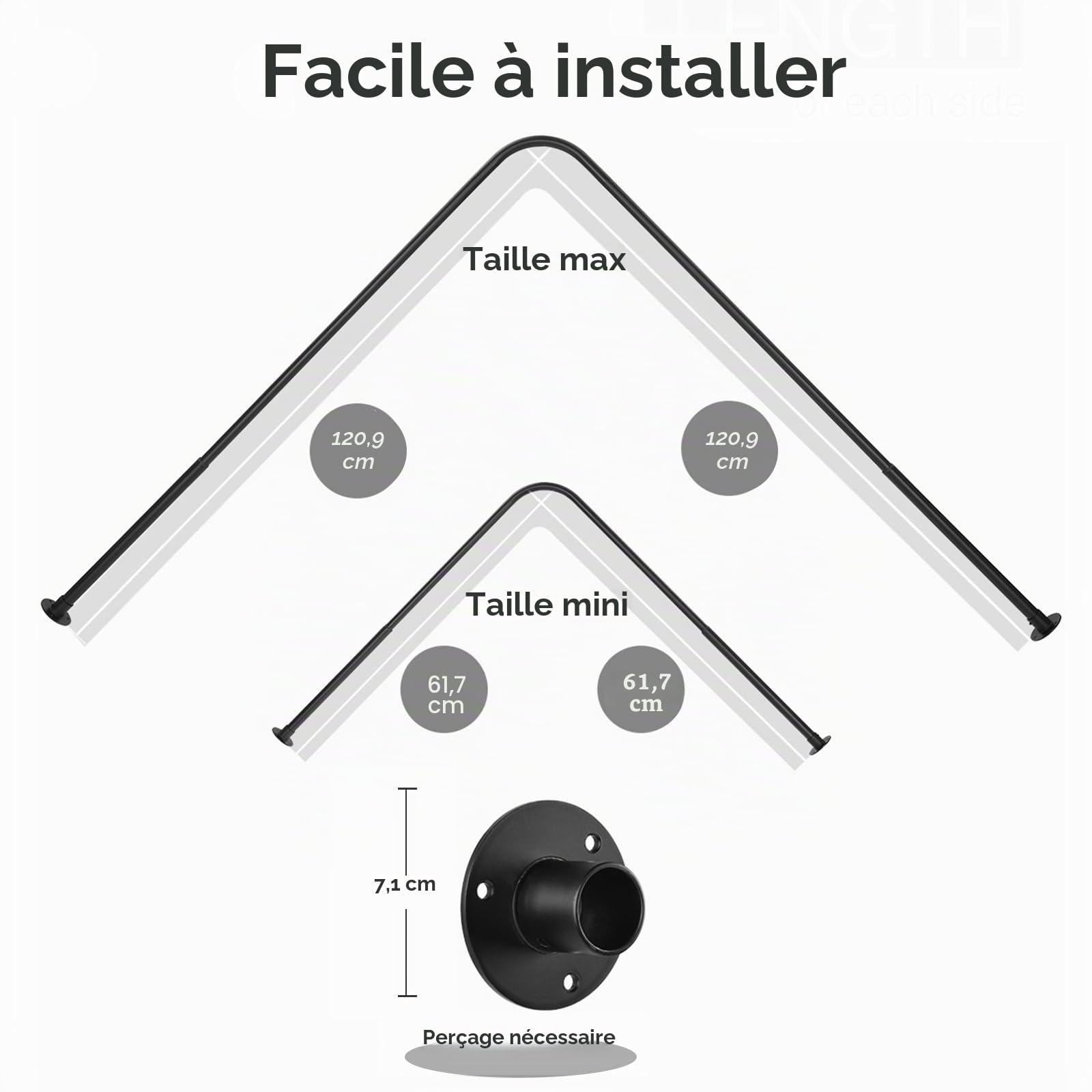 Barre de Douche d'Angle en L Réglable [62-121 cm] x [62-121 cm], avec 12 Crochets et Support de Plafond pour Baignoire ou Salle de Bain - Noir Mat