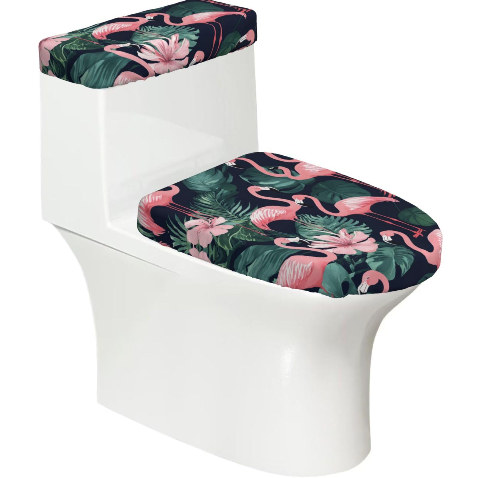 Flghjnbjn Black Pink Flamingo Printed Toilet Tank And Lid Cover Set Of 2 For Most Bathrooms, Fits Elongated Round Toilets