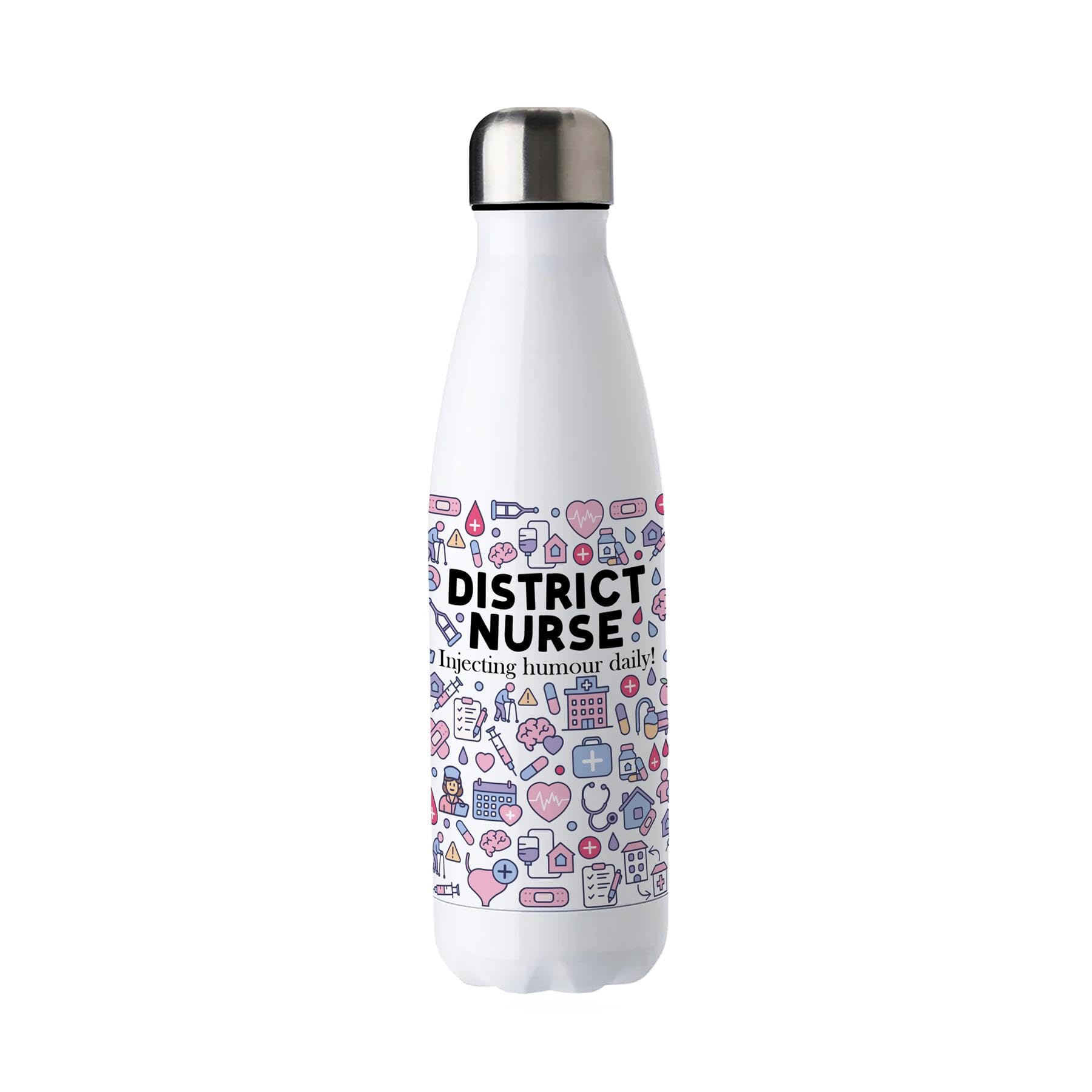 Purely Home Novelty District Nurse Water Bottle - Double Walled Stainless Steel 500ml Hot/Cold Drinks Bottle Gift