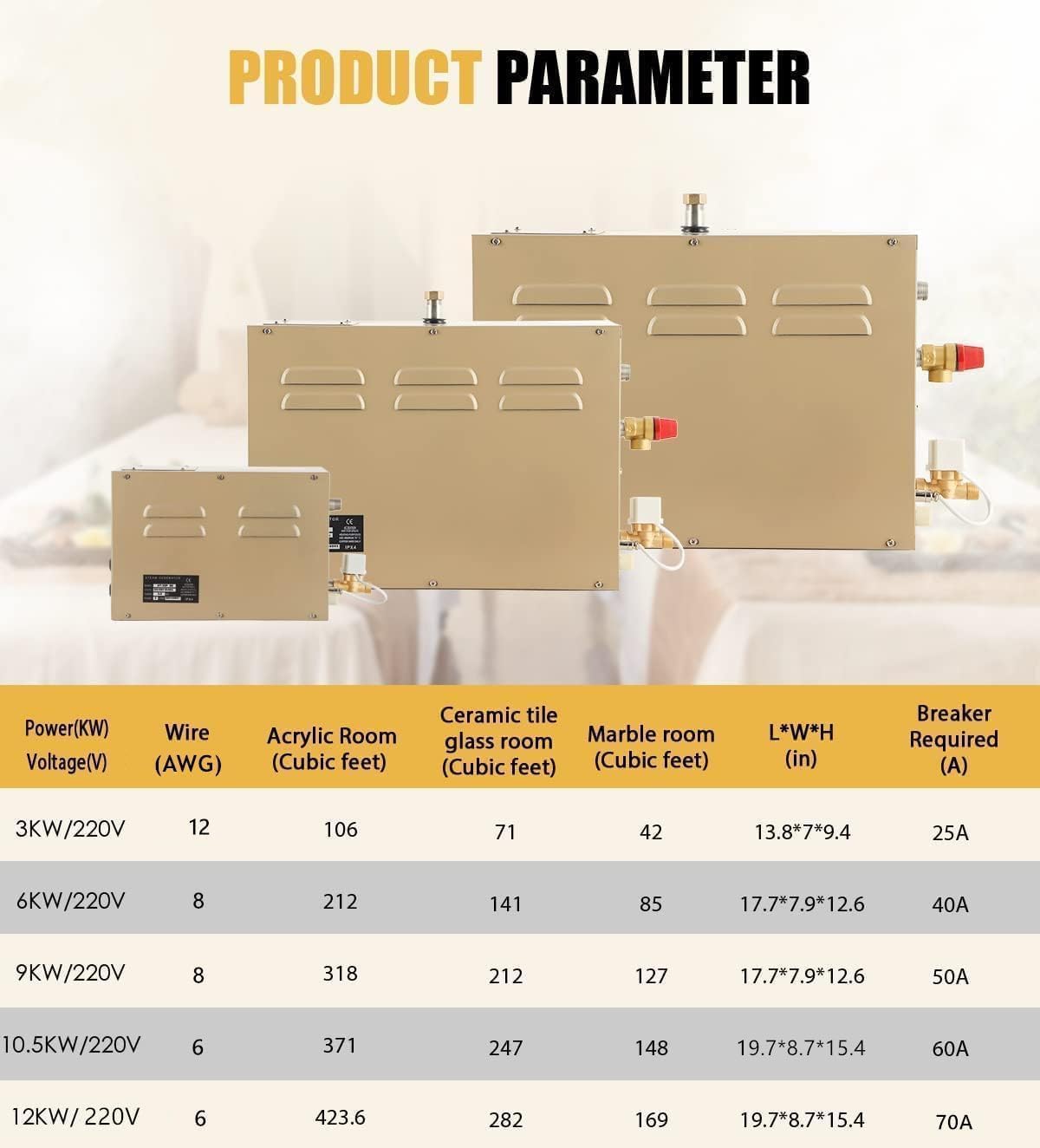 CGOLDENWALL 7.5KW Commercial Self-Draining Steam Generator Shower System Home Steam Bath Spa Generator 30 min to 12 Hours Auto Drain 95-131℉ for Suitable Space Heating 8 m³/283Cubic feet (7.5KW)