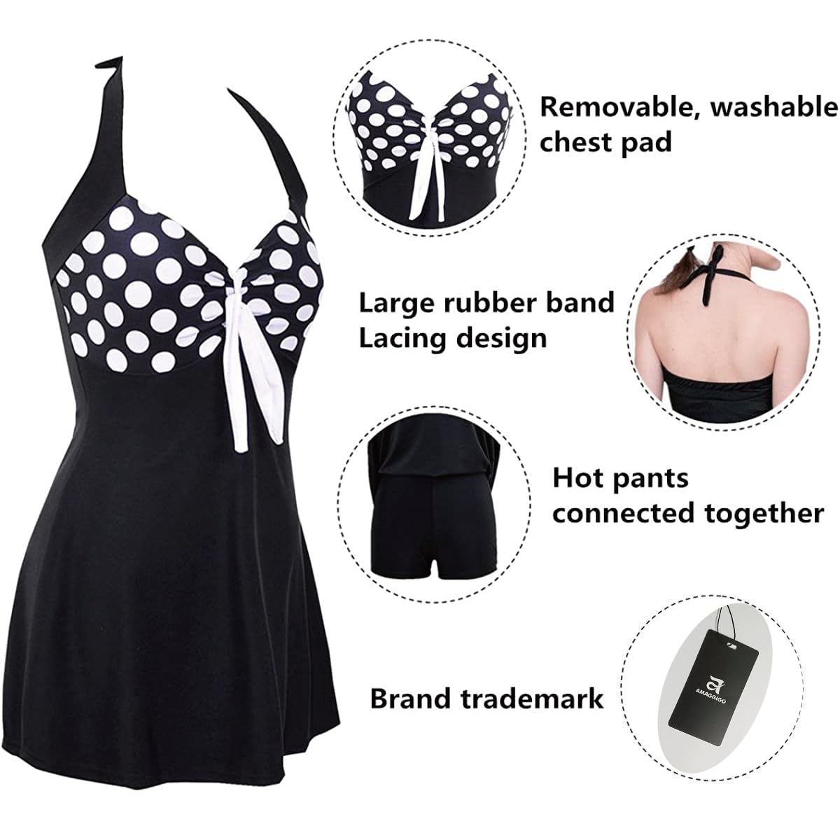 Maillot de bain une pièce à pois pour femme - Contrôle du ventre - Avec jupe