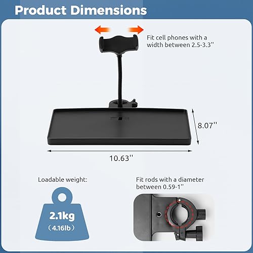 Miniatura 7 de Bandeja de soporte para micrófono 2 en 1 con soporte para teléfono, bandeja de soporte de micrófono de abrazadera ajustable en altura con abrazadera