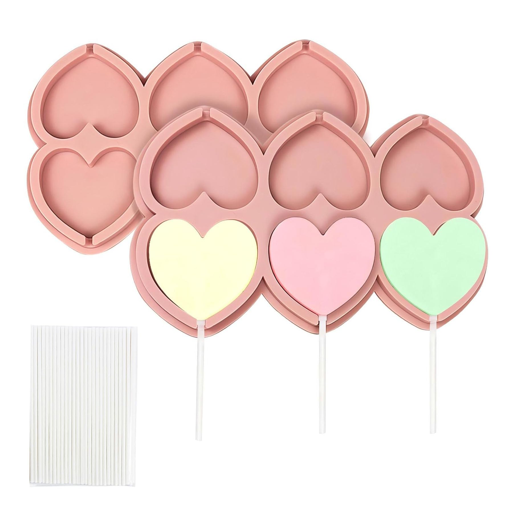 CONGGUAN 2-Pack Silicone Heart Lollipop Molds 6 Cavity Chocolate Candy Molds for Valentine's Day with 20 Sticks