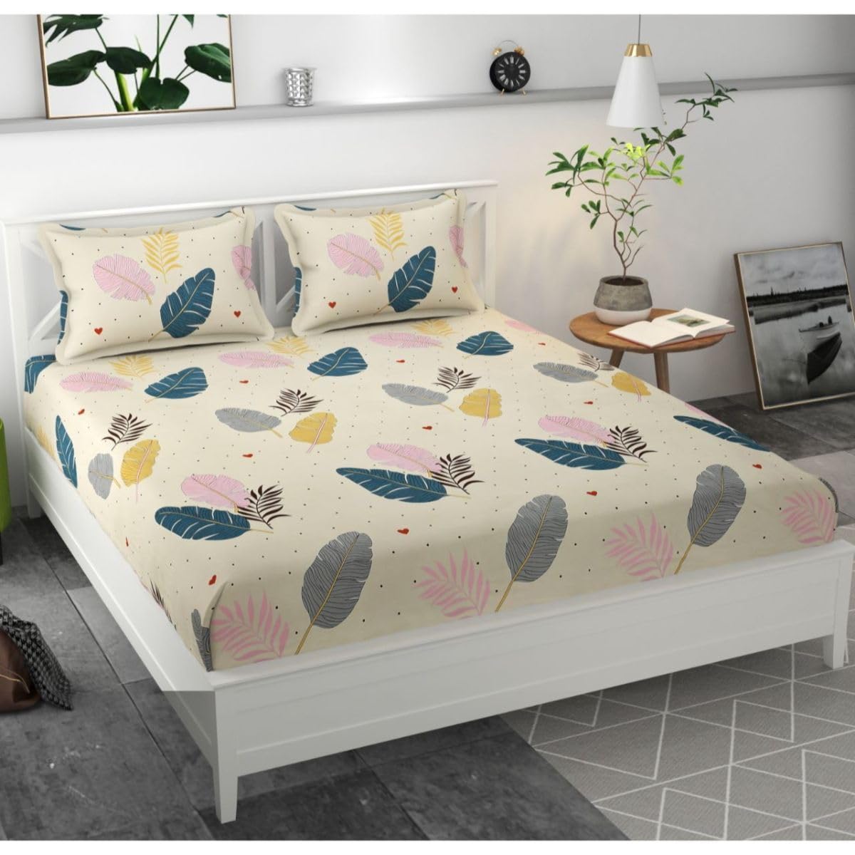 BLUEDOT Cotton Printed Elastic Double Bedsheet with 2 Pillow Cover Bedsheet Size:- 72 * 78 Inches Fit Upto 8 Inches Mattress Pillow Cover Size:-20 * 28 Inches (White::Yellow)