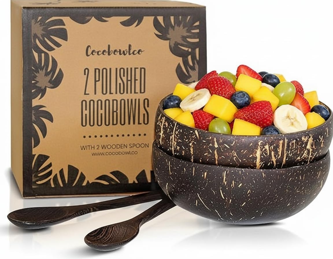 Coconut Bowl Set with Wooden Spoons – White Elephant Gifts For Adults, Christmas Gifts. Eco-Friendly Acai Bowls, Yogurt Bowls & Smoothie Bowl – Ideal for Ninja Creami (4, Polished)