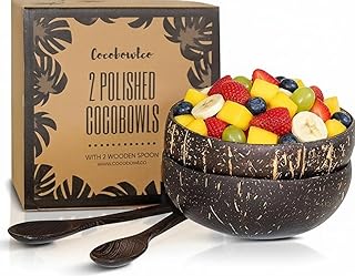 Coconut Bowl Set with Wooden Spoons –White Elephant Gifts For Adults, Christmas Gifts. Eco-Friendly Acai Bowls, Yogurt Bowls & Smoothie Bowl – Ideal for Ninja Creami (2, Polished)