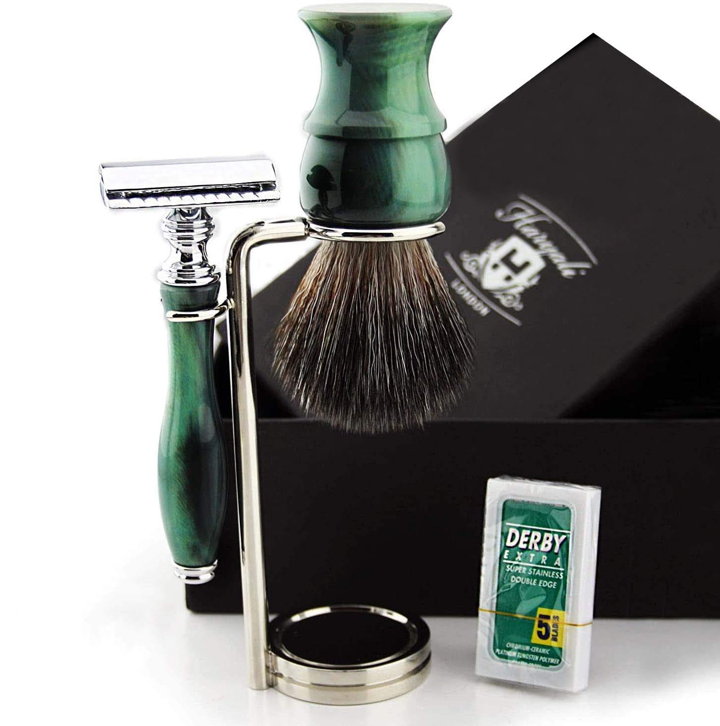 Sonderedition Traditionelle Nass Rasier Set Synthetik Schwarz Dachs Pinsel Doppel Rasierhobel + Edelstahl Dual Stand - Special Collection!