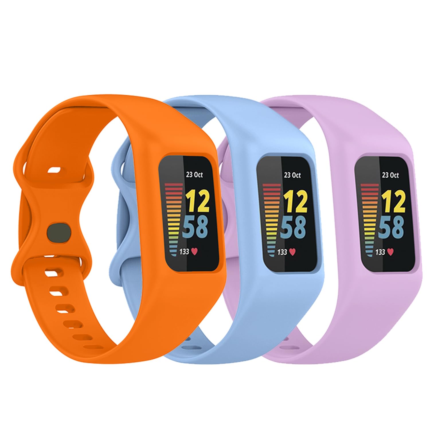 Gheper 3 Pack Soft Watchband Compatible with Fitbit Charge 6, Charge 5, Charge 4, Charge 3/3SE Silicone Wristband All-round Protective Band Replacement Bracelet Strap, Orange/Sky blue/Lilac