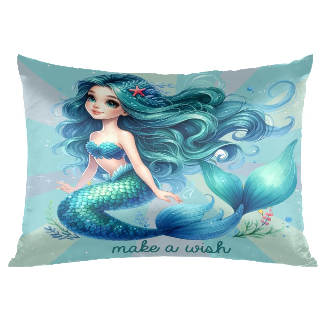 Turquoise Mermaid Cute Girl Satin Pillowcase for Hair and Skin Standard Size Silp Silk Pillowcase Soft Satin Cooling Pillow Covers with Envelope Closure for Bed Sofa Decorative (20 × 26in 1 pcs)