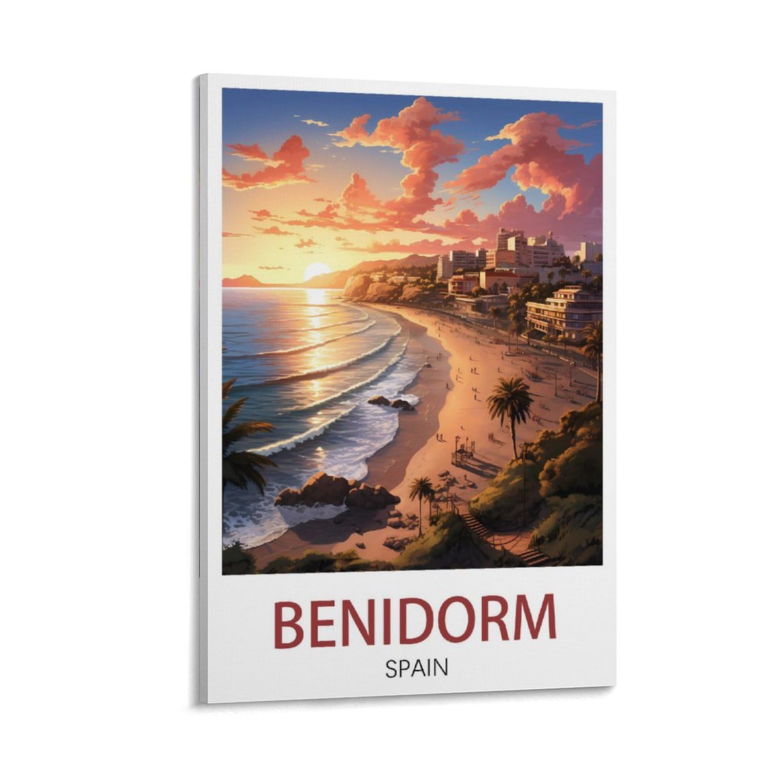 Puplum Frame-Style Benidorm Spain Vintage Travel Poster Sunset 12X18inch(30X45cm) Canvas Wall Art Posters For Living Room Decor Paintings For Home Decor
