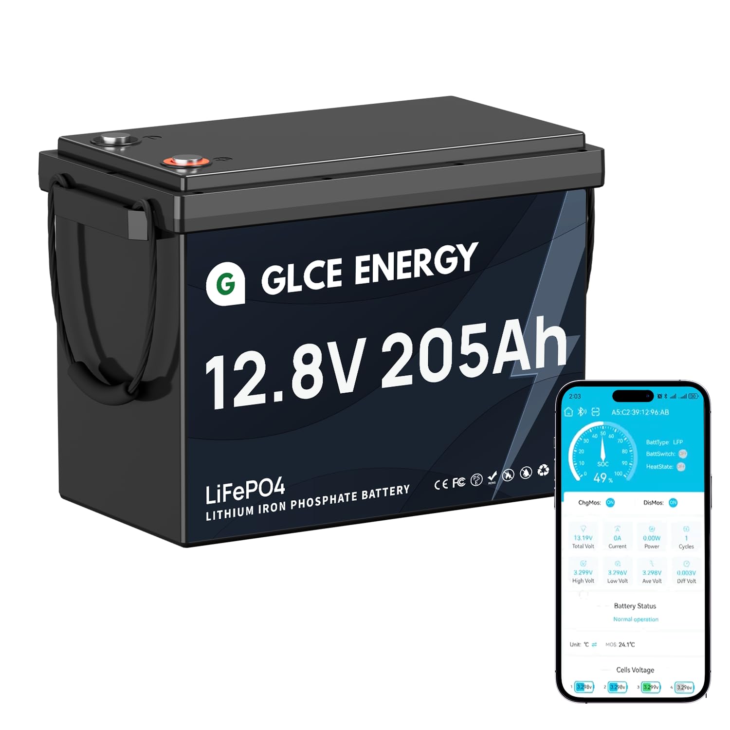 LiFePO4 12V 200AH(205Ah) Bluetooth mit 200A BMS,2624Wh 12.8V Lithiumbatterie Solarbatterie für Solaranlage Komplettset,Photovoltaikanlage