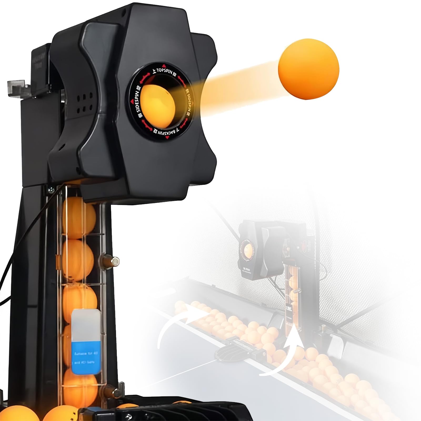 Robot da Ping Pong con Doppia Ruota, 300+ Palline, 9 modalità di Spin, Frequenza Regolabile 30-90 Palline/min e Completo di Recupero Automatico