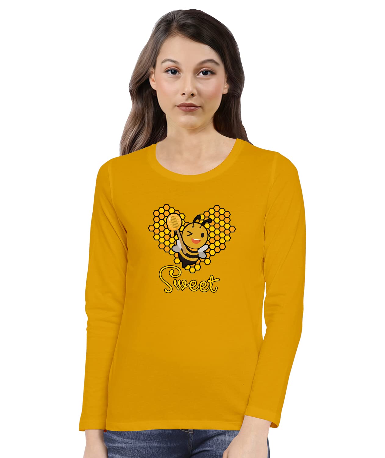 OPLUWomen's Regular Fit Tshirt Sweet Honey Bee Cotton Printed Round Neck Full Sleeves Bee, Animal, Animal Lover, Trendy, Trending Tees and Tshirts, Pootlu.