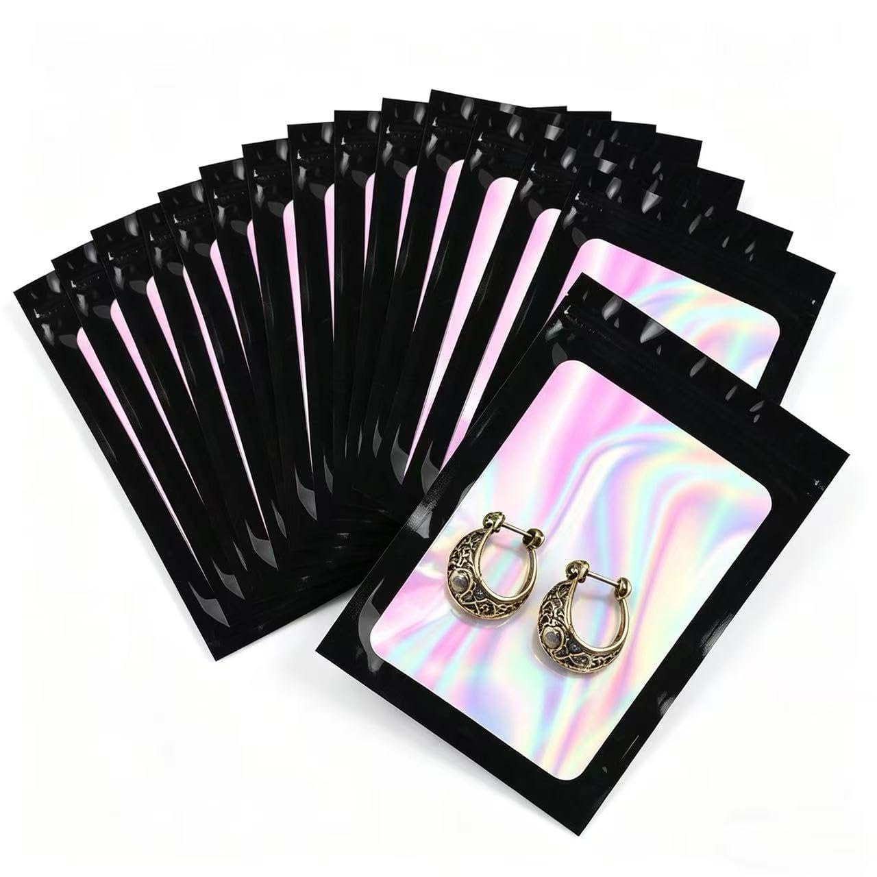 Brdtkugv Black 100 Pcs Mylar Bags, Holographic Mylar Bags, For Jewelry, Food Storage, Lipgloss, Jewelry, Eyelash With Gift Grip Foil Ziplock(6X10cm)
