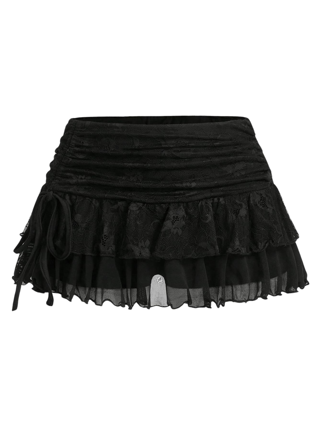 SHENHE Womens Lace Mini Skirt Y2k Low Rise Ruched Layered Ruffle Skirt