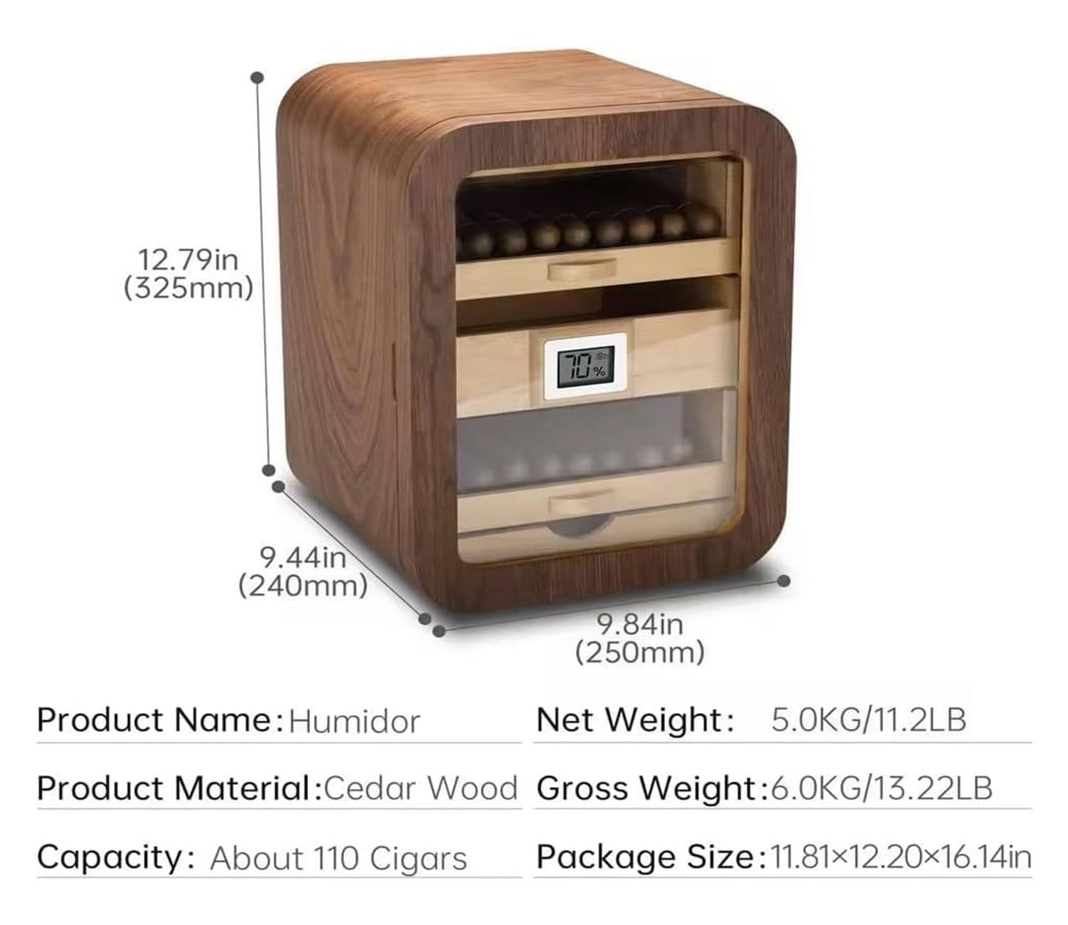 Armadio Humidor per sigari con umidificatore integrato,termometro e igrometro,Capacità 110 sigari,Circolazione dell'aria a 360°,Regalo per gli amanti dei sigari,B