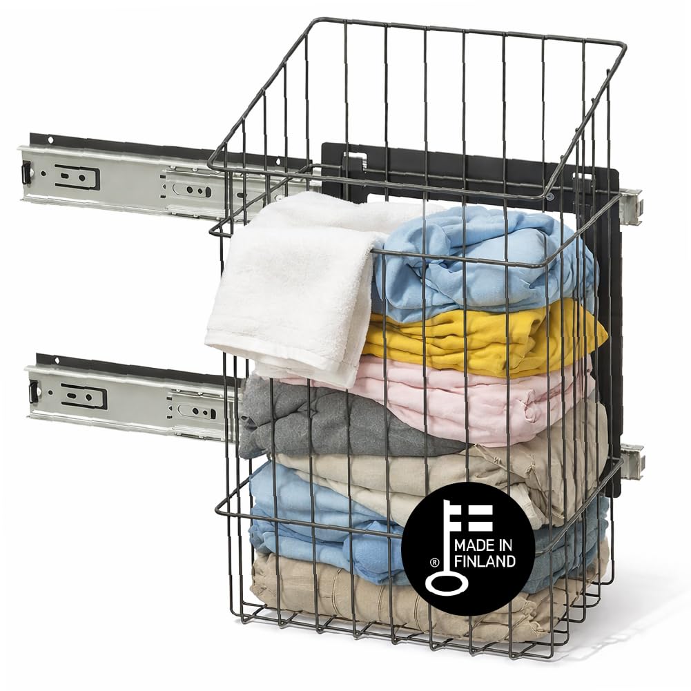 LM 683 Wäschekorb für Schrank, schmal und hoch ausziehbar mit Schienen, Wäsche Organizer zum Einbau in ein Schrank Ordnungssystem, Wäschesammler Schrankeinsatz Kleiderschrank, grau anthrazitfarben