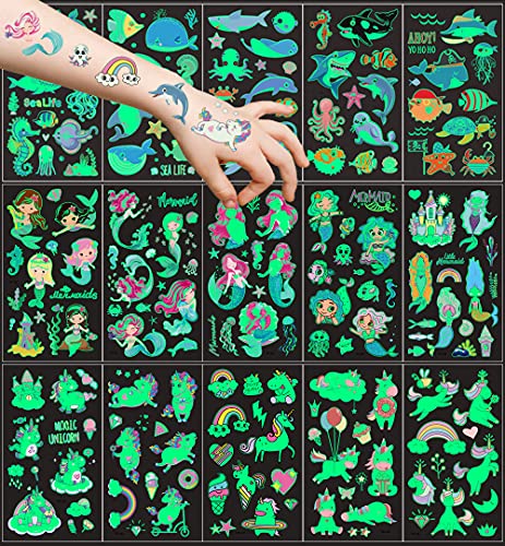 15 hojas Tatuajes Temporales para niños, 150 patrón luminoso Tatuajes temporales Falso Pegatinas, Sirena Oceano Unicornio Tatuaje regalo de decor fiesta para niños y niñas Cover