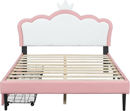 Miniatura 20 de Moderna base de cama de madera maciza de tamaño matrimonial para niños con cabecera en forma de corona, marco de cama tapizado de princesa con luces
