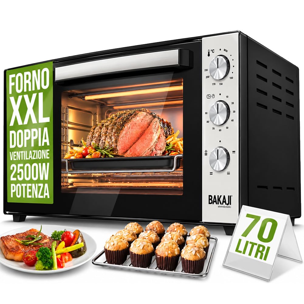 Bakaji Ventilated electric oven, capacity 70 litres, power 2500 W, adjustable temperature up to 250°, 2 vents with heating elements, steel, interior light, timer function, rotisserie