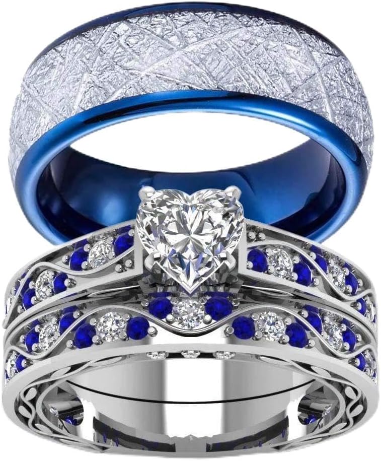 His Hers Wedding Ring Sets Couples Matching Rings Women's 10k White Gold Filled Heart CZ Wedding Engagement Ring Bridal Sets & Men's Tungsten Carbide Wedding Band