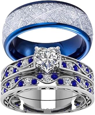His Hers Wedding Ring Sets Couples Matching Rings Womens 10k White Gold Filled Heart CZ Wedding Engagement Ring Bridal Sets & Mens Tungsten Carbide Wedding Band