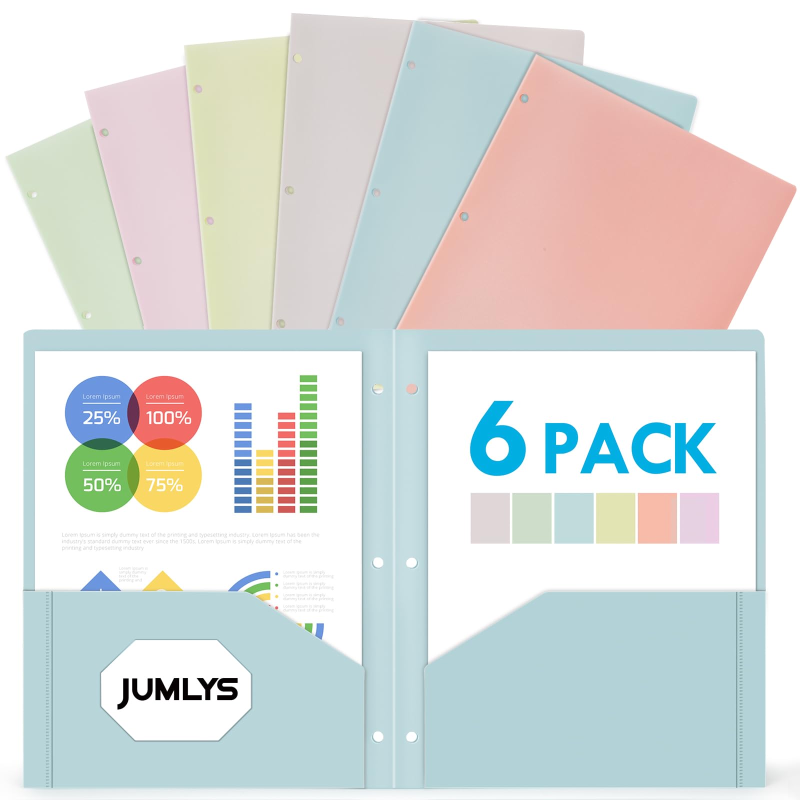 Jumlys 6 Pack 2 Pocket Folders with 3 Holes Punch, Pastel Plastic Folder for 3 Ring Binder, Heavy Duty Folders with Pockets for Letter Size Paper, Multicolor Folder for School and Office