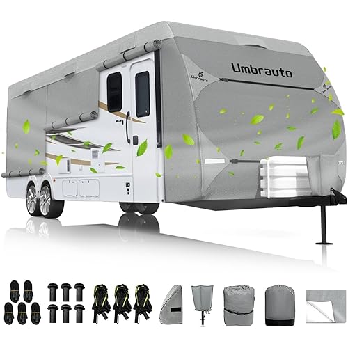 Umbrauto RV Cover 27-30ft: 7 Layers Travel Trailer Cover, Waterproof Camper Cover, Toy Hauler Cover with Tongue Jack Cover, Extra Windproof Ropes, Gutter Covers