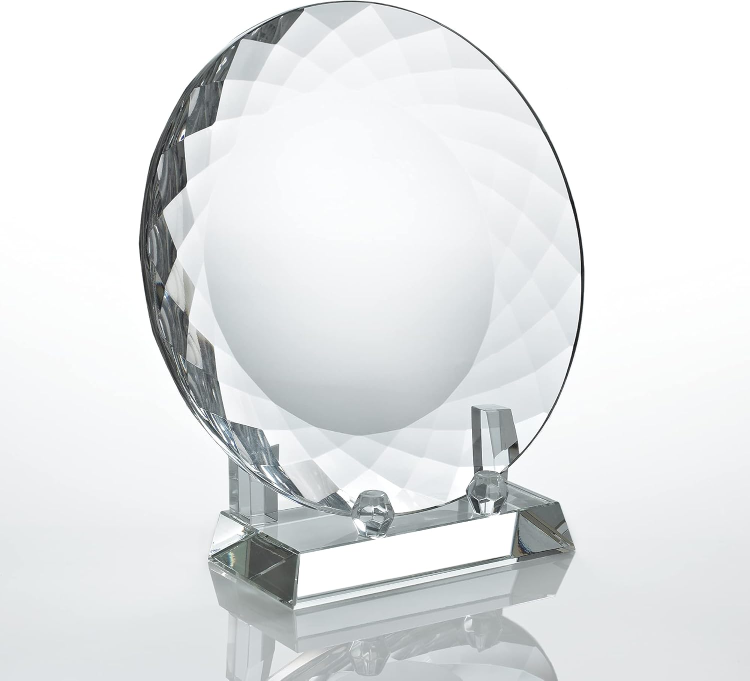 Engraved Trophy - Clear Crystal - Circle Plate with Rectangular Base - Award for Employees