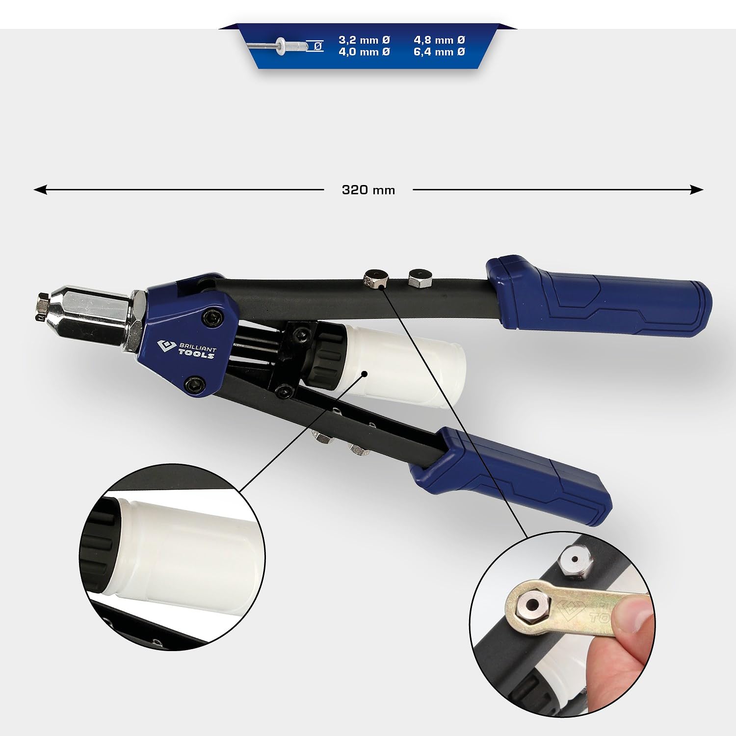 BRILLIANT TOOLS BT066900 Rivettatrice manuale per rivetti con Ø 3,2-4,0-4,8-6,4 mm [Powered by KS TOOLS]