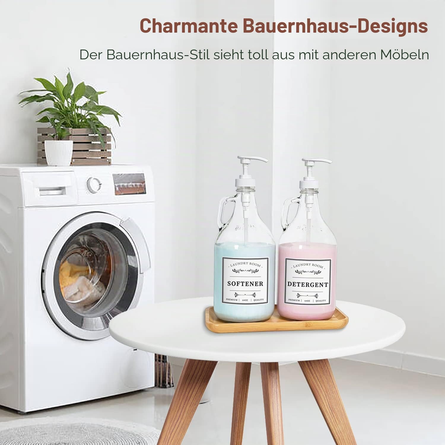 Glas-Waschmittelspender, Flüssigseifenspender für Waschküche, 1,8 l Waschmittel, Bleichmittel, Weichspüler, Spender für Bauernhaus-Dekoration, inklusive Pumpen, Trichter, Etiketten und