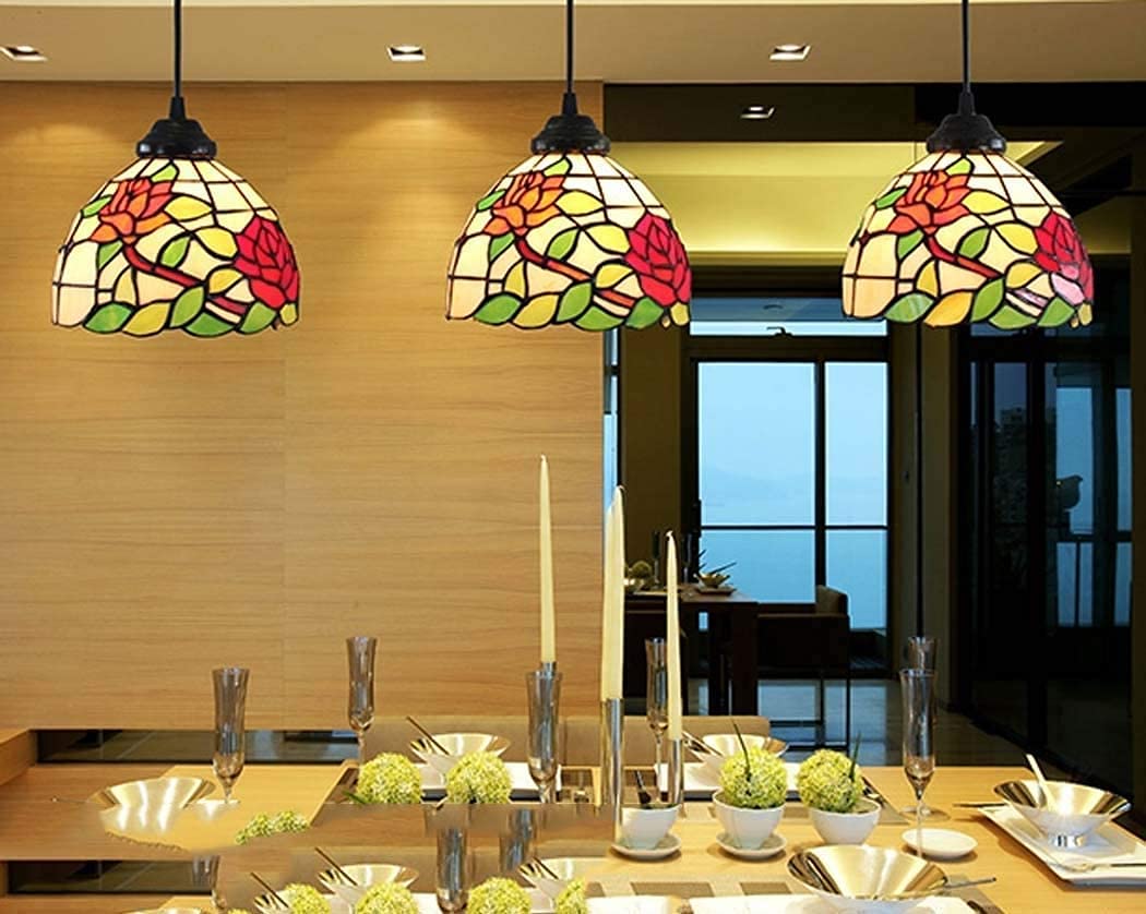 METTEOR Pastoral Rose Multi-Head Art Chandelier In Tiffany Style Stained Glass Ceiling Pendant Lamp Light,E27,For Living Room Bedroom Dining Room Ki (C)