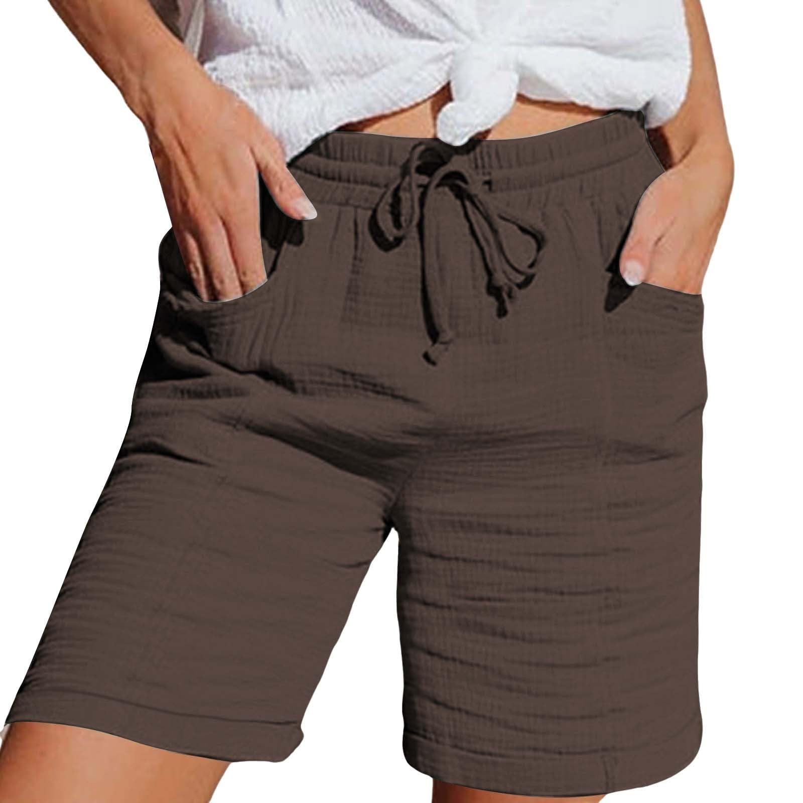 Generisch Short blanc tendance et décontracté pour femme en coton et lin de couleur unie avec taille élastique