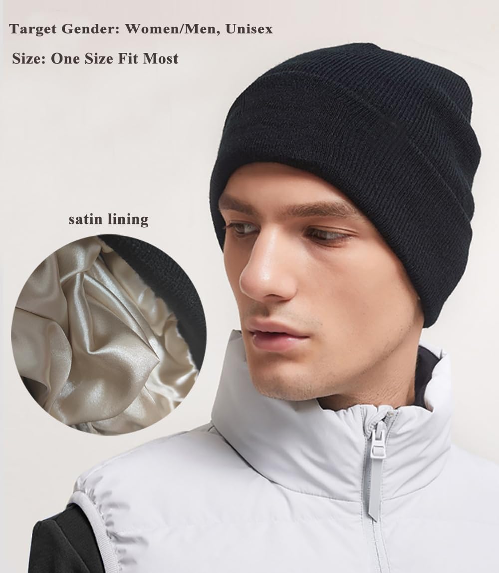Satin Lined Beanie Hats for Men Women Unisex Winter Knit Silk Slouchy Skull Cap, Set of 2, Black and Gray