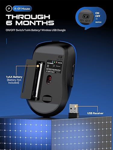 Miniatura 5 de RAPIQUE Mouse inalámbrico Bluetooth  Doble Bluetooth y receptor USB de 2.4 GHz, agarre cómodo, clics silenciosos, baja potencia  Compatibilidad