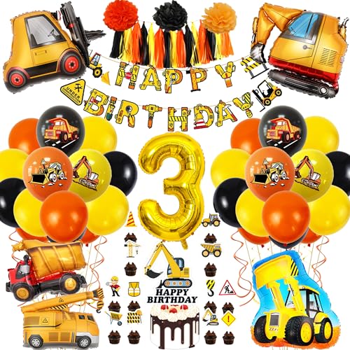 3rd Birthday Decorations Boy - Construction Birthday Decorations Includes Truck Balloons, Digger Balloons, Banner, Cake Toppers, Latex Balloons, for Construction Theme Party