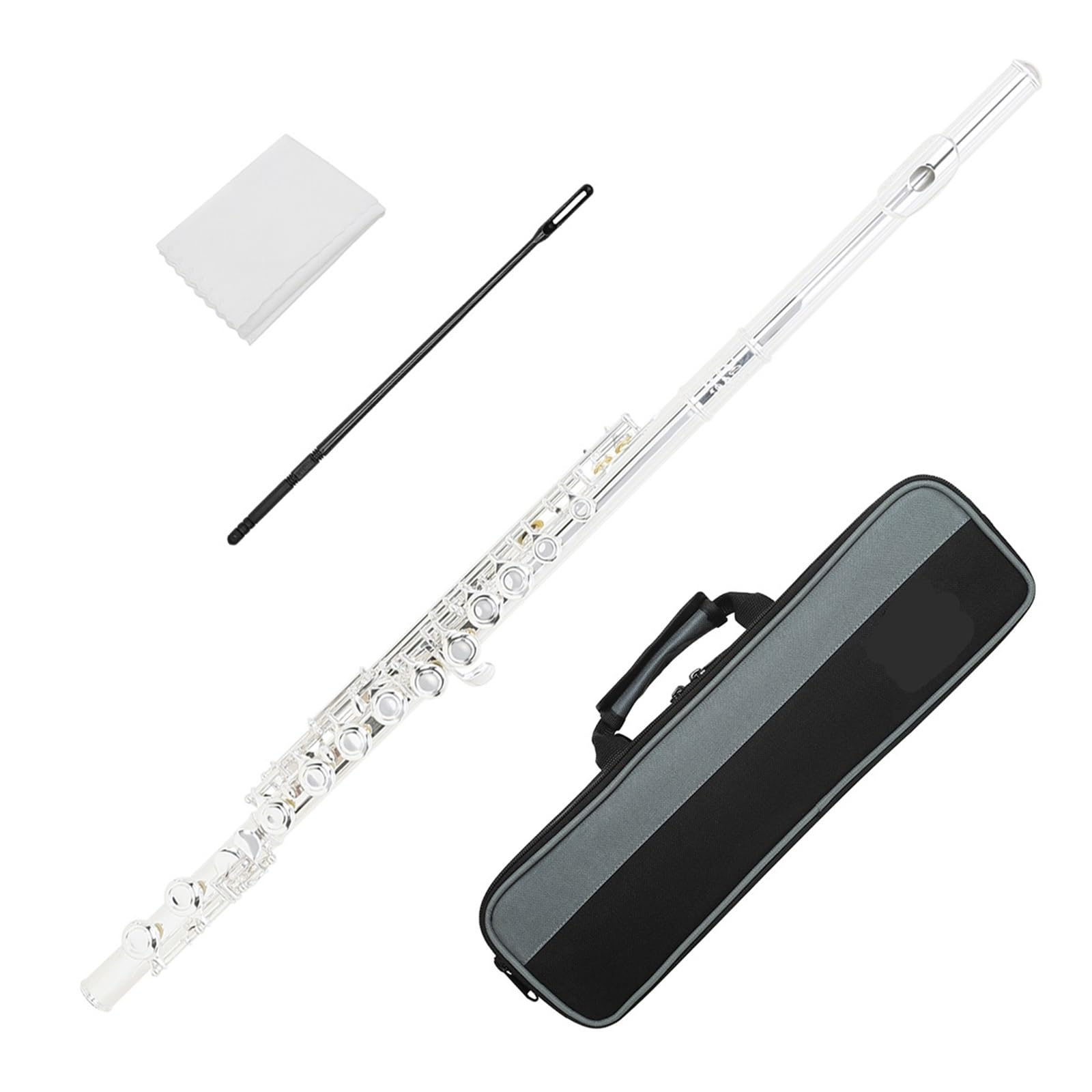 Flauto a 16 fori C-Foro chiuso regolabile Flauto in rame bianco placcato argento Strumento a fiato con accessori(Gray)