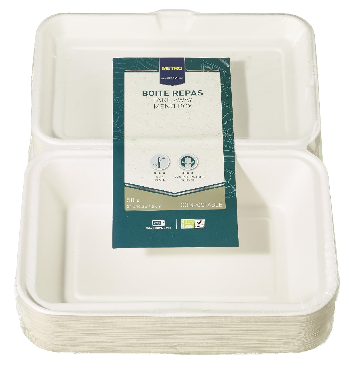 METRO Professional Cajas para menús, bagazo, 24 x 16.5 x 6.5 cm, blanco, 50 unidades