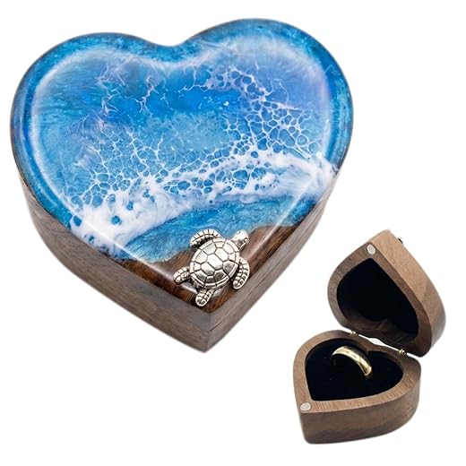 Ocean Resin Heart Engagement Ring Box, Personalized Walnut Wooden Ring Box, Birthday Gifts for Women