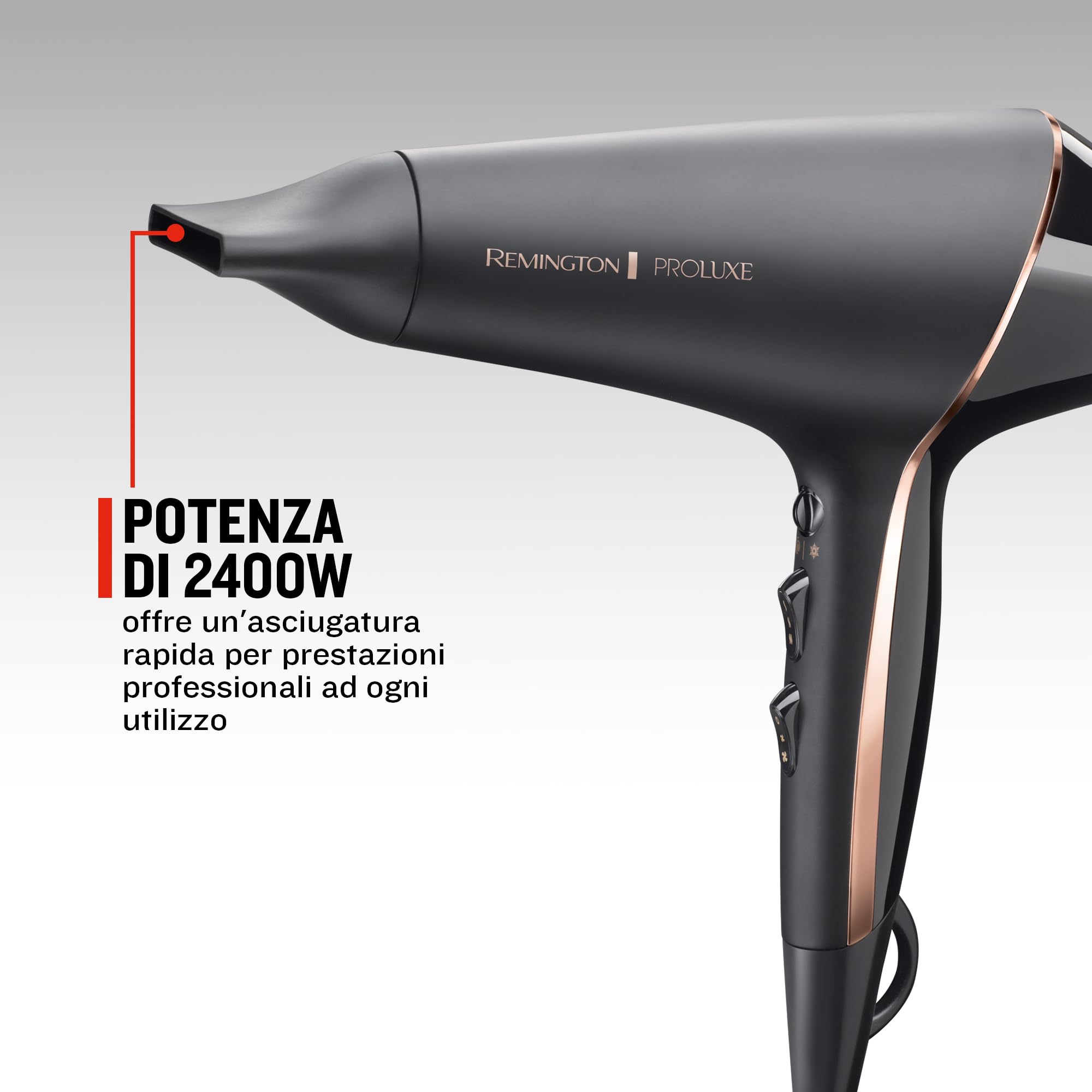 Remington Asciugacapelli Professionale 2400 W - Tecnologia OPTIheat per risultati Styling di lunga durata - 3 Accessori Styling; Cura ionica; Motore AC anti-crespo, Proluxe Midnight AC9140B