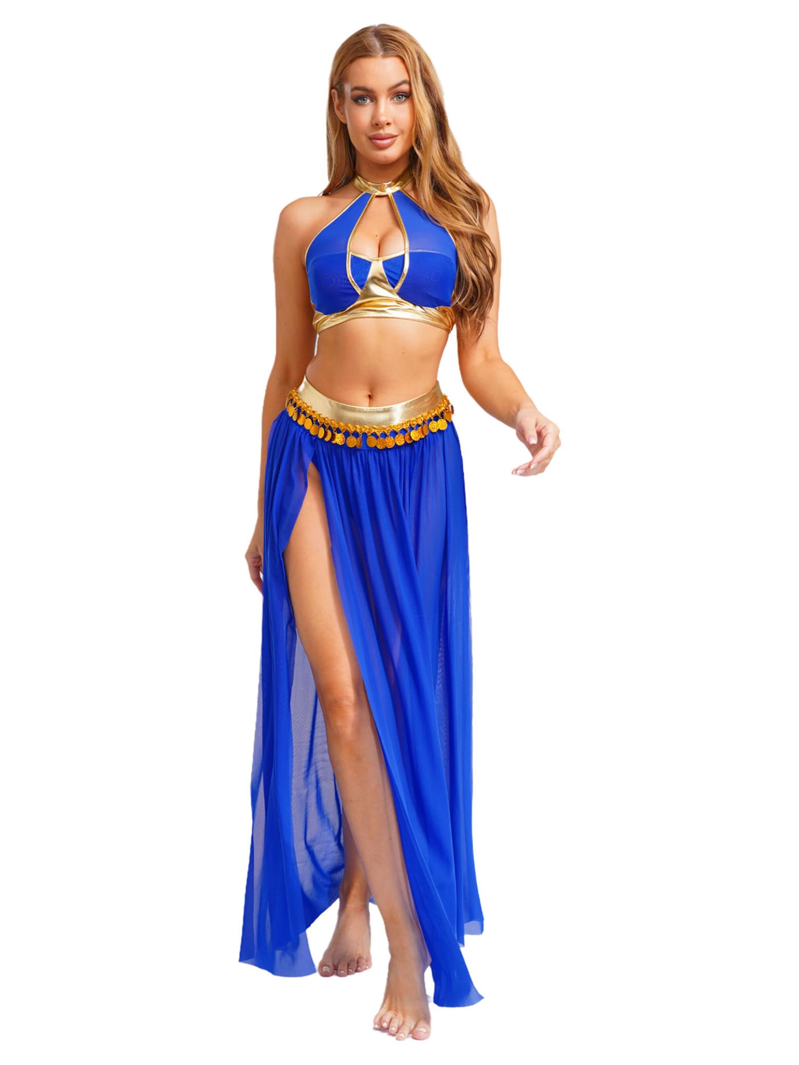 Manyakai Womens Arabian Costume Belly Dance Costume Jasmine Princess Cosplay Outfit for Halloween Dress-up Blue XL