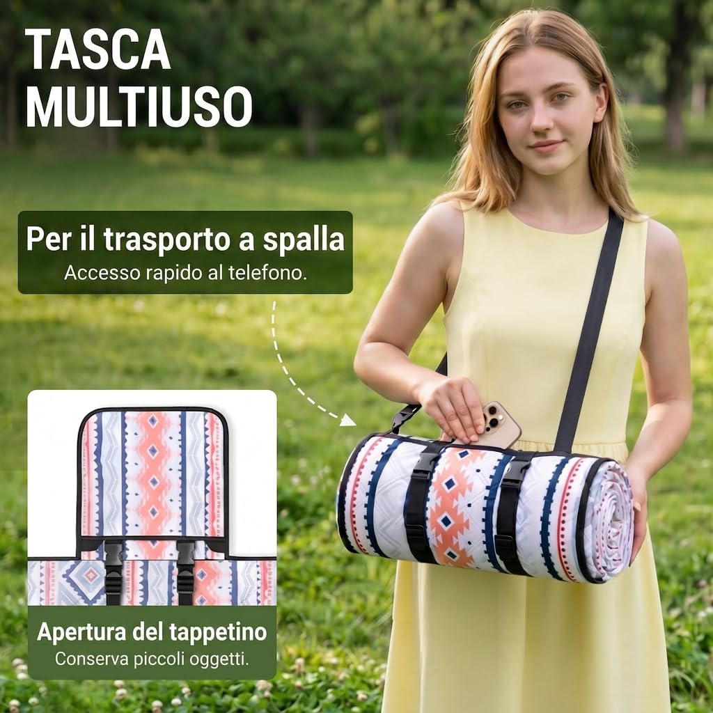 WolfWise Telo Picnic Impermeabile, Stuoia Campeggio 200x200 cm Pieghevole con Cinghie Regolabili e Tracolla, Picnic Blanket per Giardino, Prato, Spiaggia, Viaggi e Escursioni, Blu
