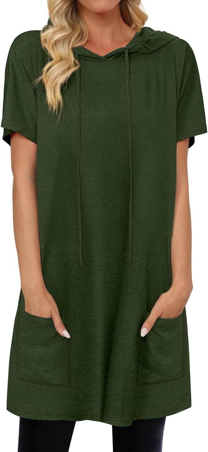 KISSMODA Woman Lightweight Dress with Hood Short Sleeve Summer Loose Pullovers with Pockets Long Tunics Top for Leggings - Image 2