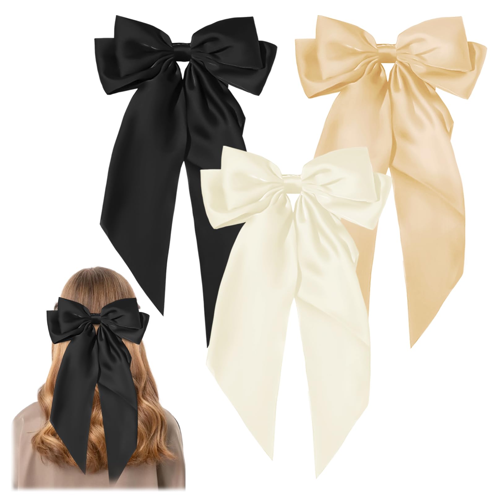 YONEEKSS 3 PCS Large Hair Bows Bowknot Hair Ribbons Clip Hair Barrettes with Long Silky Satin for Women and Girls (Colours: Black