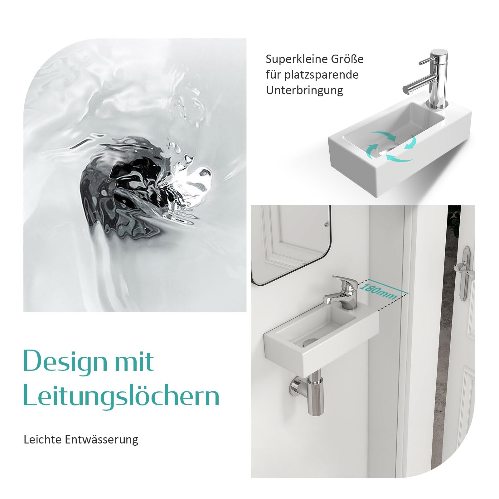 EMKE Lavabo – Mini lavabo suspendu pour salle de bain et WC d'invités – 36 × 18 × 9 cm – Céramique de qualité supérieure – Rectangulaire – Trou pour robinet à droite – Blanc