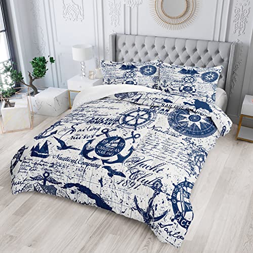 Image of AILONEN Anchor Comforter Set for Teens Boys Kids, Nautical Theme Bedding Set Queen Size,Superior Quilted Duvet Ultra Soft,3 Piece 1 Comforter and 2 Pillowcases,Microfiber Fabric